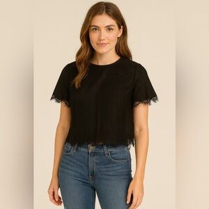 Noul Elegant Black Lace Scalloped Trim Short Sleeve Top.    Size-X-Small